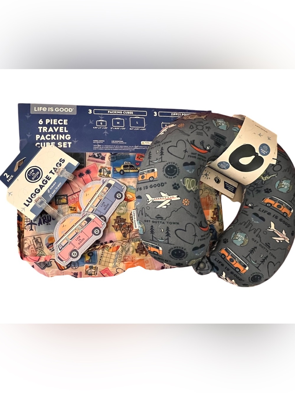Life is Good NWT travel bundle w/neck pillow, 6 pc packing cubes & luggage tags